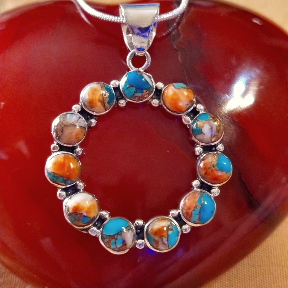 MEN'S -STERLING/MULTI TURQUOISE ROUND 1-3/4" PENDANT. 18" CHAIN